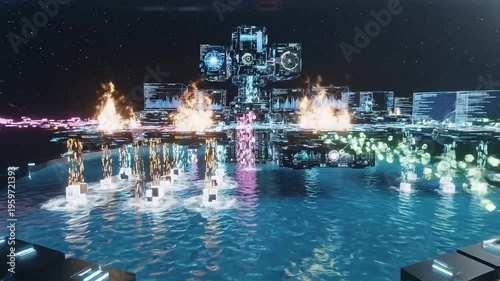 Futuristic digital display with colorful data streams in a dark room with water