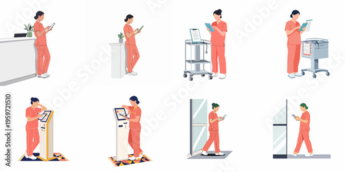 Set of flat vector illustrations featuring a female nurse in peach scrubs using digital tablets and electronic kiosks in various hospital and clinic settings.