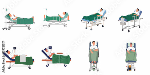 Set of flat vector illustrations depicting a male patient in various medical situations within a hospital bed, including recovery, monitoring, and treatment scenarios.