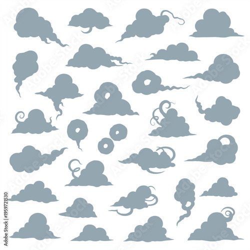 Gray storm clouds and tornadoes swirl in the sky with various weather phenomena