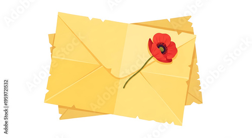 A stack of vintage envelopes with a red poppy flower on top, symbolizing love and correspondence.