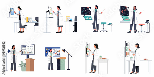 Collection of vector illustrations depicting female doctors and researchers analyzing medical data, charts, and molecular structures on digital screens.