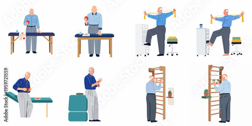 Set of flat illustrations showing an elderly man performing various physical therapy and rehabilitation exercises for mobility and strength.