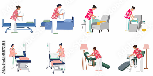Flat Vector Illustration Set of Healthcare Workers and Nurses Arranging Beds and Pillows in Various Medical and Care Settings for Patient Comfort