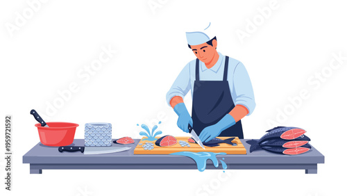 Seafood Artisan: A skilled fishmonger meticulously prepares fresh fish on a clean, light-filled workspace, demonstrating expertise and precision in his craft.