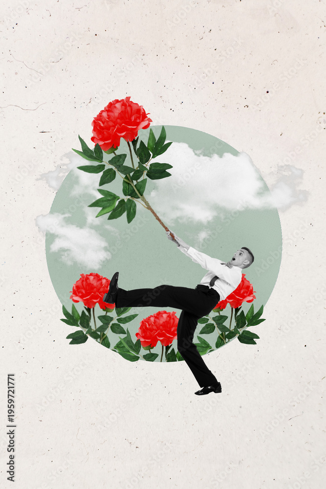 Fototapeta premium Sketch image artwork pop trend collage of happy dandy man hold peony flower bloom spring summer walk park clouds concept