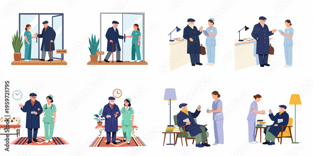 Fototapeta premium Set of flat vector illustrations depicting a nurse providing professional care, support, and medical assistance to an elderly man in various scenarios.