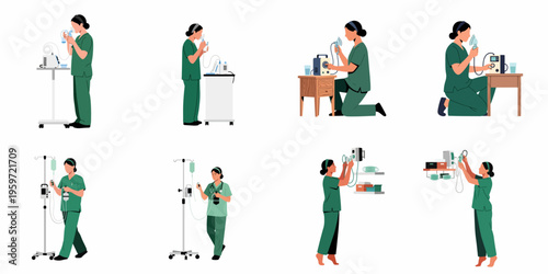 Set of medical illustrations depicting a female nurse in green scrubs using various healthcare equipment such as nebulizers and IV stands.