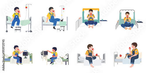 Set of illustrations showing a young boy patient eating a healthy apple while resting in various hospital bed settings