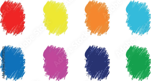 Eight vibrant, messy paint splashes in primary and secondary colors arranged in two rows.