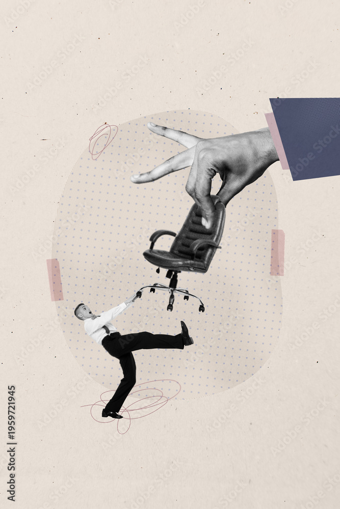 Fototapeta premium 3D photo collage template trend sketch of hand finger hold armchair young geantleman pull dismissal unemployment business jobless stress