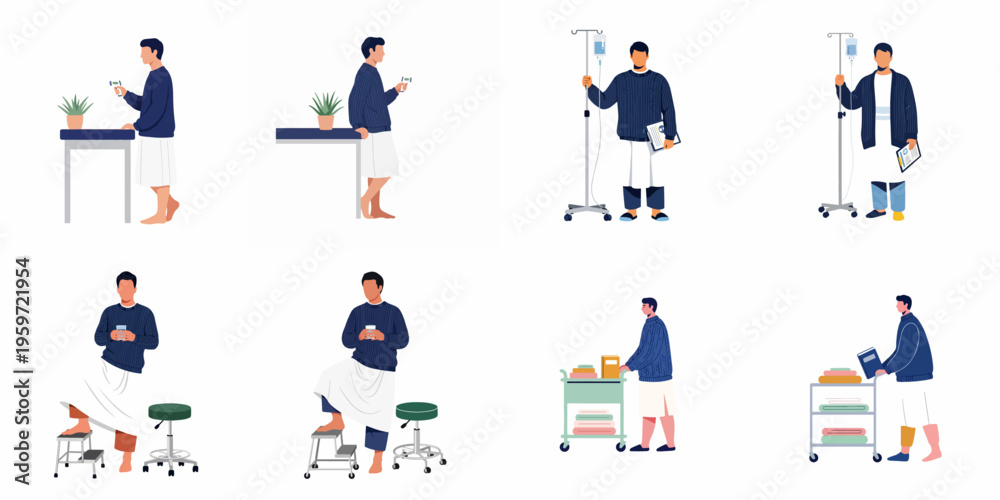 Fototapeta premium Flat vector illustrations of a male patient during various stages of a medical checkup and hospital stay for healthcare concepts.
