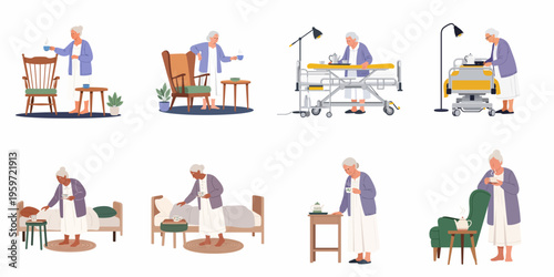 Flat vector illustration set of an elderly woman in a nursing home or at home enjoying a cup of tea in different settings.