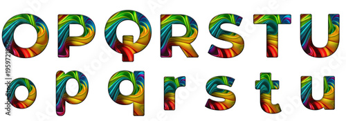 abstract rainbow colored o, p, q, r, s, t, u word design text alphabet letter typography font design