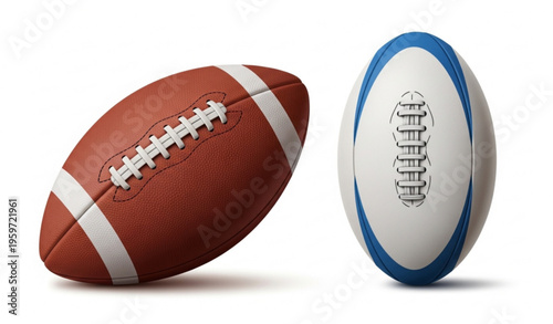 American football and rugby ball isolated on white background realistic studio vector illustration with clipping path