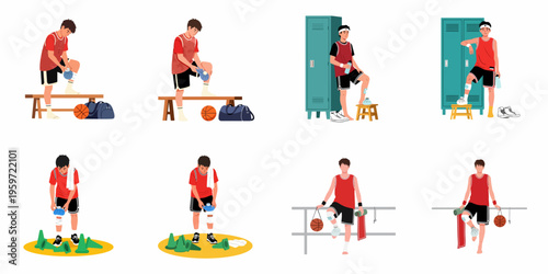 Set of illustrations showing a male basketball player applying ice packs to his injured ankle and knee in various sports settings.