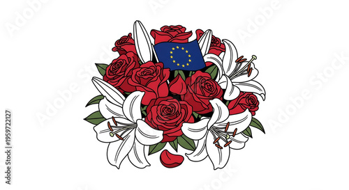 A vibrant floral arrangement featuring red roses and white lilies with the European Union flag in a beautiful vector graphic design