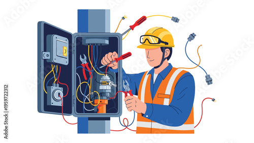 Electrical Work in Action: A skilled electrician at work, focused and determined, meticulously inspecting an electrical panel. with the help of essential tools.