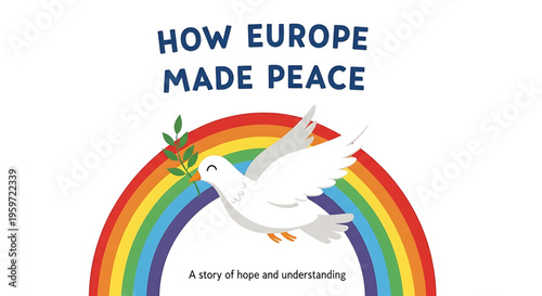 A colorful vector graphic illustrating a white dove flying over a rainbow with the words 'How Europe Made Peace' in blue text