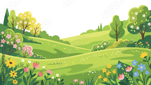 Spring Landscape with Blooming Flowers and Trees on Rolling Green Hills