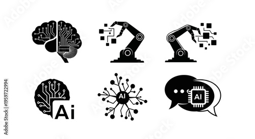 Minimalist artificial intelligence brain illustration with circuit lines forming a modern AI symbol. Concept of technology, machine learning, neural networks, and digital innovation on a clean backgro