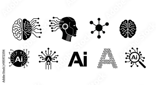 Minimalist artificial intelligence brain illustration with circuit lines forming a modern AI symbol. Concept of technology, machine learning, neural networks, and digital innovation on a clean backgro