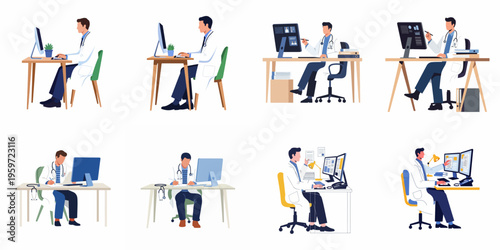Flat vector illustrations of a male doctor working at a computer desk, writing notes, and consulting online in various poses and settings.