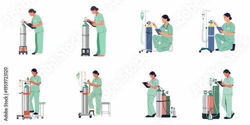 Set of vector illustrations depicting female nurses in scrubs checking and managing oxygen cylinders, monitoring medical equipment and recording data on clipboards or tablets.