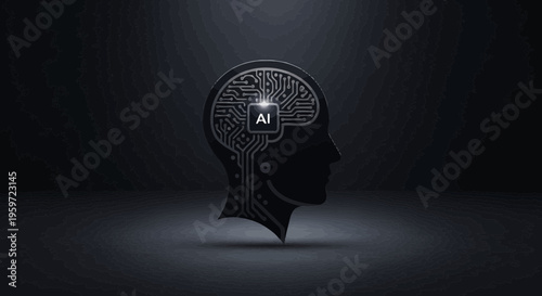 Minimalist artificial intelligence brain illustration with circuit lines forming a modern AI symbol. Concept of technology, machine learning, neural networks, and digital innovation on a clean backgro