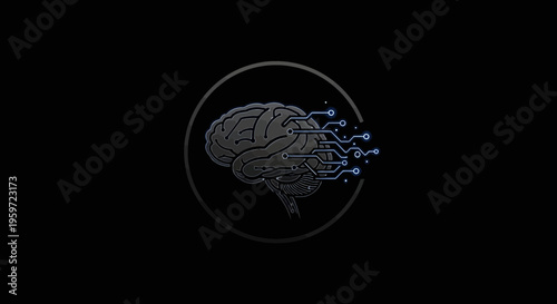 Minimalist artificial intelligence brain illustration with circuit lines forming a modern AI symbol. Concept of technology, machine learning, neural networks, and digital innovation on a clean backgro