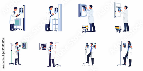Set of vector illustrations showing a male doctor in a white coat examining and analyzing various X-ray films in a medical clinic.