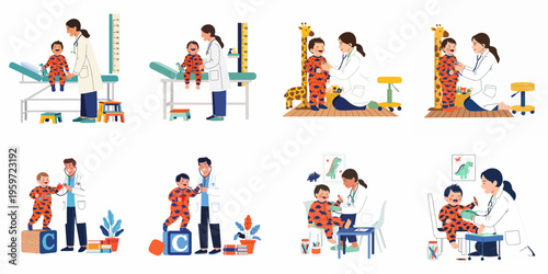 Set of illustrations showing friendly pediatricians examining a young toddler boy in a colorful medical office during a routine health check-up.