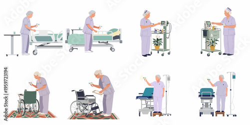 Set of flat vector illustrations featuring an elderly female nurse in a lavender uniform working with various medical equipment in a hospital setting.