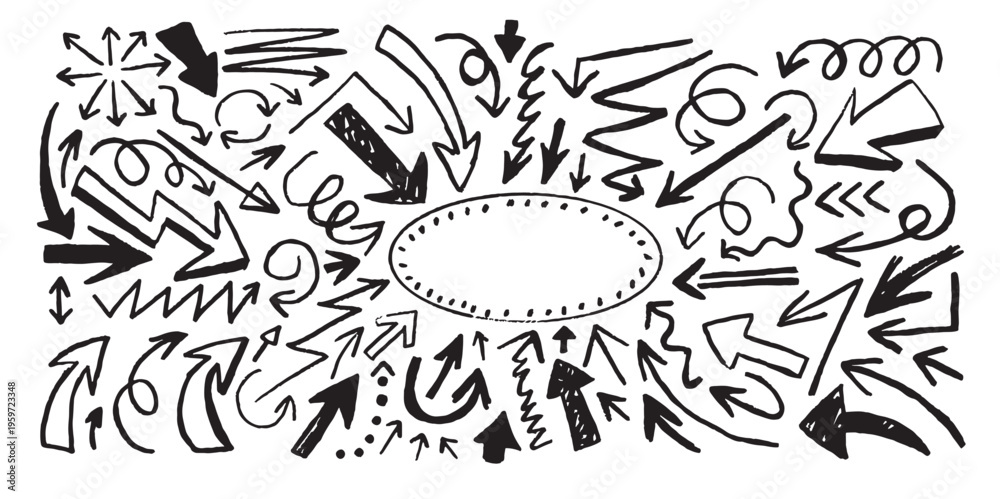 Fototapeta premium Crayon drawn scribble doodle arrow set. Border marker arrows with empty place. Elements brush stroke curly