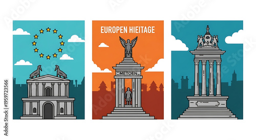 A vector graphic illustration of three European heritage monuments with a city skyline and clouds in the background