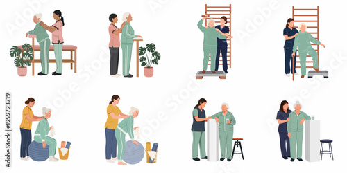 Elderly Woman Performing Rehabilitation Exercises with a Physical Therapist Caregiver, Flat Vector Illustration Icons Set Isolated on White