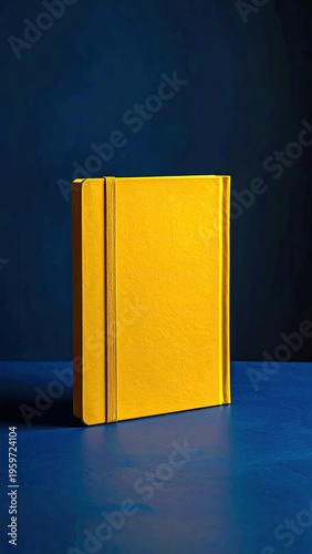 Yellow hardcover journal with elastic band on blue table against dark background in studio lighting perfect for writing and design mockups