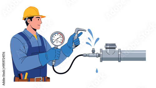 Plumber Repairing a Leak: A skilled plumber addresses a water leak, utilizing a gauge to monitor the pressure and employing a wrench to tighten the pipe, ensuring a secure seal.