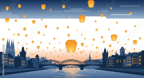 A serene cityscape at dusk with a bridge and buildings silhouetted against a sky filled with floating lanterns
