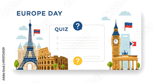 A colorful vector graphic illustration of famous European landmarks and a quiz template for Europe Day