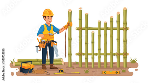Craftsman at Work: An industrious craftsman diligently constructs a rustic bamboo fence, his skills and precision evident as he carefully measures and assembles the natural elements.