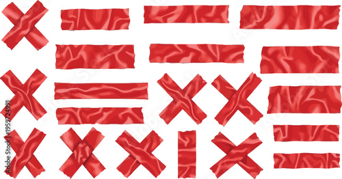 Assortment of bright red adhesive tape pieces showing crosses and horizontal strips on white.