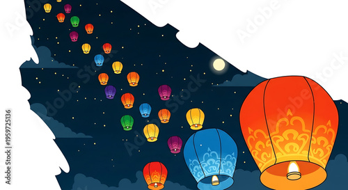 A vibrant vector illustration of colorful lanterns floating in the night sky with a full moon