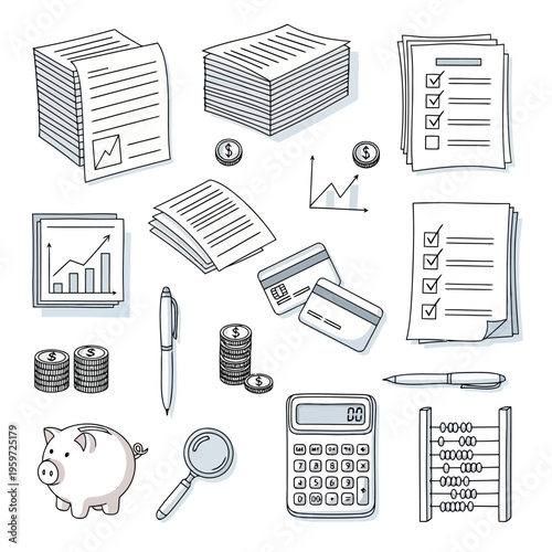 Hand-drawn doodle set of financial management, business planning, and accounting icons. Collection features banking tools, data analysis elements, and office supplies