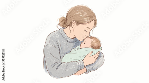 A tender illustration of a loving mother gently kissing her newborn baby held in her warm arms