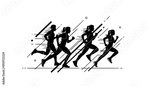 Abstract running silhouettes with geometric motion elements men and women jogging vector illustration