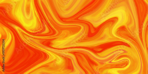 Abstract orange and yellow liquid marble background; vibrant fiery fluid acrylic swirl texture with dynamic wavy flow