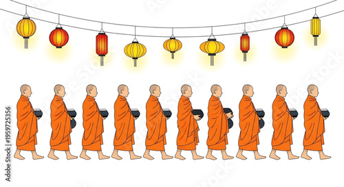 A vector graphic illustration of Buddhist monks walking in a line under colorful lanterns