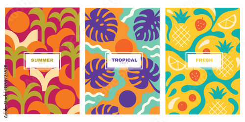 Modern Tropical Fruit Pattern Card Set, Abstract Summer Pineapple and Orange Illustrations, Vibrant Botanical Floral Banners