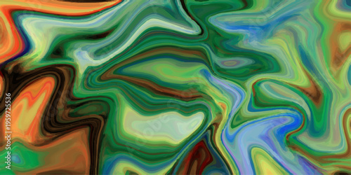 Abstract liquid marble background with vibrant green, blue, and brown swirling fluid acrylic paint texture and waves